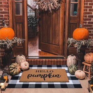 Fall Welcome Mat Set: Coco Coir Mat‎ & 28x43" Plaid Rug - Autumn Entryway Decor